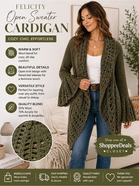 FELICITY Wool Blend Open Cardigan Sweater – Olive Green –